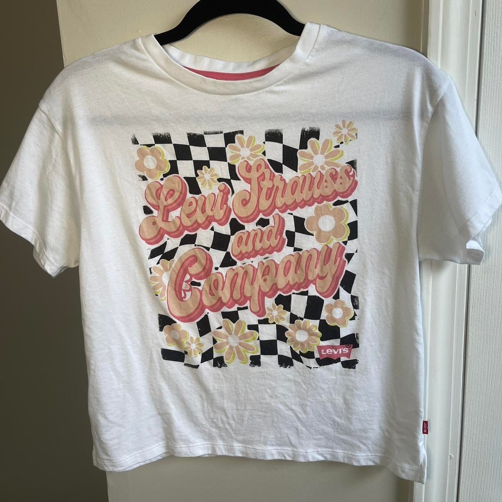 Levis Girls White Checkered Floral Graphic T-Shirt Kids Size M 10-12 Retro Logo
